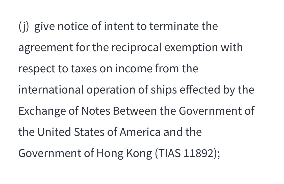 5/n: Academic exchange programmes and tax exemptions with respect to income from the international operation of ships are also terminated.Refugee quotas will also be reallocated to Hong Kong based on humanitarian concerns.