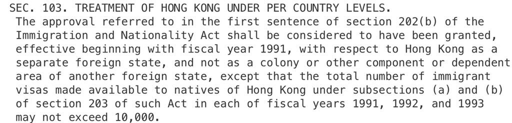 2/n: This includes immigration laws that applied to HK. HK will no longer be treated as a foreign state separate from the PRC, HK will no longer be allotted separate visa limits. Preferences for HK passport as compared to PRC passports will also be eliminated.