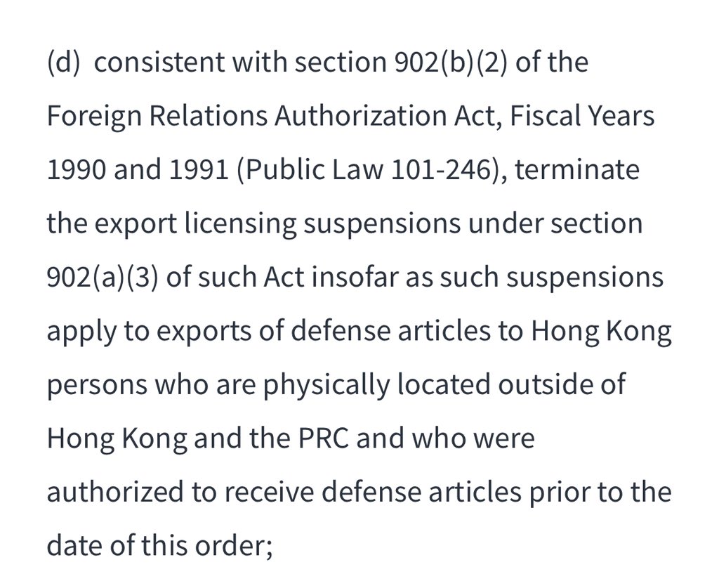 3/n: Export licensing exceptions and suspensions for sensitive and defense technologies are also revoked. Exports and reexports to HK will be treated the same as those to the PRC and transfers within the PRC.