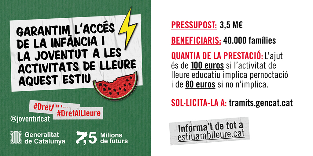 joventutcat's tweet photo. 🌞🏄♂️ Aquest estiu, les famílies amb joves a càrrec d’entre 3 i 17 anys podran gaudir d'un ajut extraordinari per fer activitats d'#EduLleure.
Consulta'n els requisits a 👉 https://t.co/bNk6mBeBQR https://t.co/4WlcQABcmk