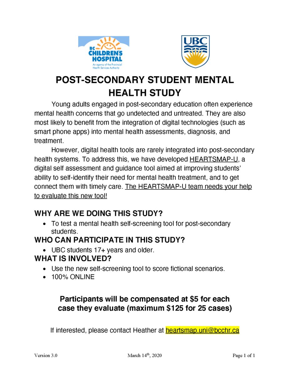 HEARTSMAP-U (@heartsmap_u) on Twitter photo UBC students - we need your support to help test our digital mental health tool, HEARTSMAP-U. If you are interested in participating (completely ONLINE), please have a look at the details on the poster below! <a href="/UBCSauderSchool/">UBC Sauder School</a> <a href="/ubcscience/">UBC Science</a> <a href="/UBCEngineers/">UBC Engineers</a> <a href="/ubcengineering/">UBC Engineering</a> <a href="/PSA_UBC/">PSA of UBC</a> UBC students - we need your support to help test our digital mental health tool, HEARTSMAP-U. If you are interested in participating (completely ONLINE), please have a look at the details on the poster below! <a href="/UBCSauderSchool/">UBC Sauder School</a> <a href="/ubcscience/">UBC Science</a> <a href="/UBCEngineers/">UBC Engineers</a> <a href="/ubcengineering/">UBC Engineering</a> <a href="/PSA_UBC/">PSA of UBC</a>