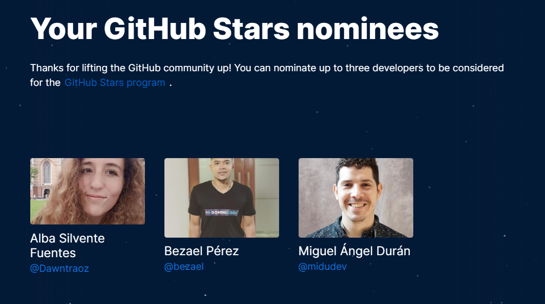 danywalls's tweet image. Ahora que ya se que son los Github Stars he nominado a @dawntraoz , @bezael_dev @midudev y tu puedes nominar en stars.github.com/nominate #githubstart