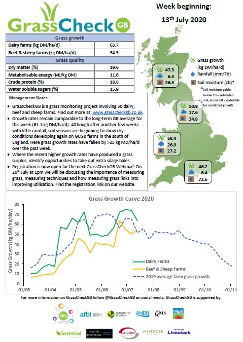 GrasscheckGB's tweet image. For most of GB grass growth is still close to average for mid July, but in the south of England soil sensors are showing soils drying again, with growth rates falling here this week. The highest growth rates were recorded in Wales @HybuCigCymru @AHDB_BeefLamb @qmscotland