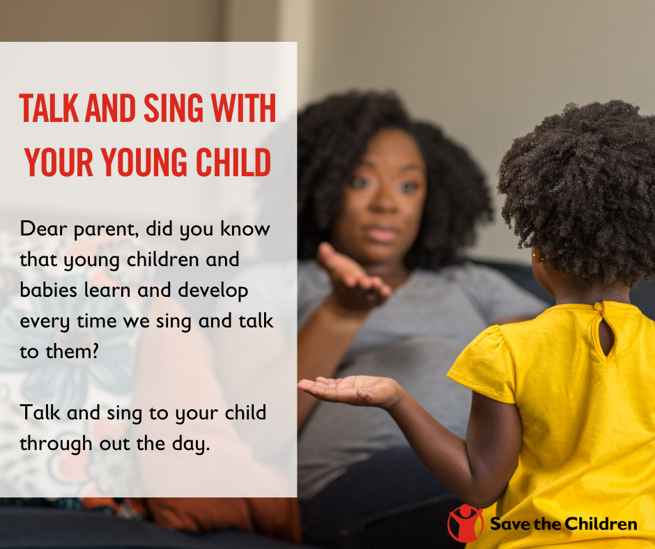SCIRwanda's tweet photo. Talk an Sing with your young children to help them learn and develop. #MakeTimeForLearning #PositiveParenting #ResponsiveCaregiving https://t.co/IxAumR87SE