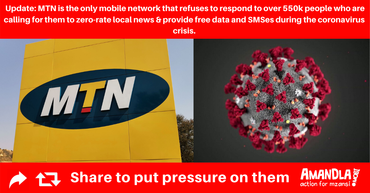AmandlaMobi's tweet photo. @MTNza is making noise about their new 5G network but still refusing to respond to over half a million customers who have been calling on them to provide free data during the Coronavirus crisis. @MTNza respond to your customers, they are awaiting your reply. https://t.co/WwK6V1bdoX