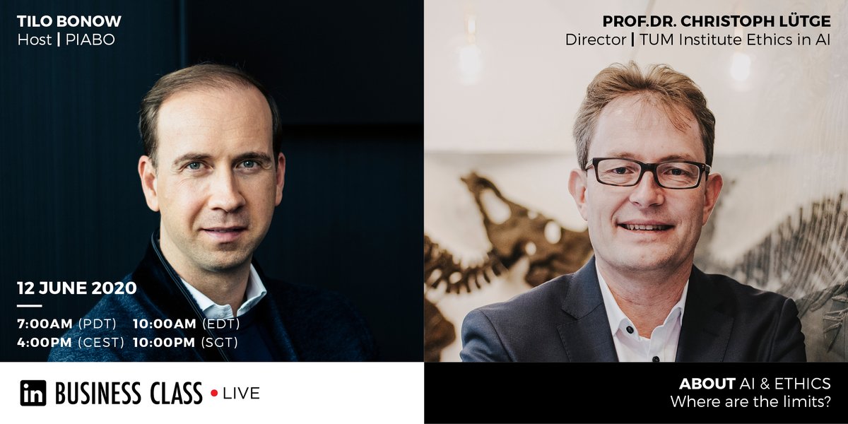 PIABO's tweet photo. What are the principles of ethics & AI? Tune in at 4pm on @TiloBonow 's channel, when he talks with @chluetge, director at the institute for #ArtificialIntelligence and #ethics, in our Business Class LIVE series. #businessclasslive https://t.co/M3PeN23TBL
