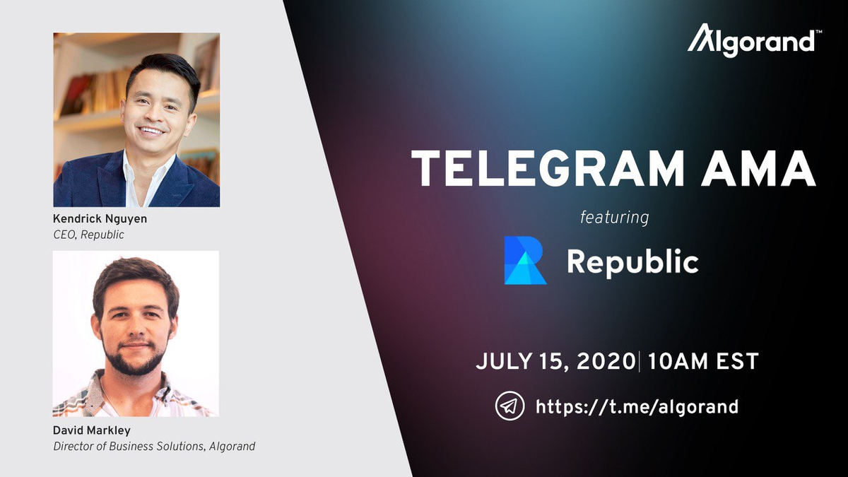 Don't miss today's (10 am EST) Telegram AMA with <a href="/Algorand/">Algorand Technologies</a>'s <a href="/DavidBMarkley/">David Markley</a> &amp; <a href="/joinrepublic/">Republic</a> CEO 
<a href="/KendrickEsq/">Kendrick Nguyen</a>. Join the open Q&amp;A on the upcoming launch of the #RepublicNote, a next-gen profit-sharing token on #Algorand. Go to ow.ly/MMrm50AyELM to pre-submit your questions
