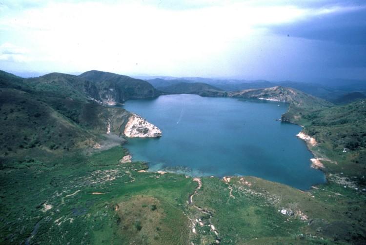 The famous lake Nyos remembered for the "Lake Nyos Disaster" of August 21, 1986 that killed over 2000 people and some 3,500 livestock over a 25 kilometers radius.3rd frame shows the degassing process initiated in 2001to avoid another explosion. We all remember the red oil rumor