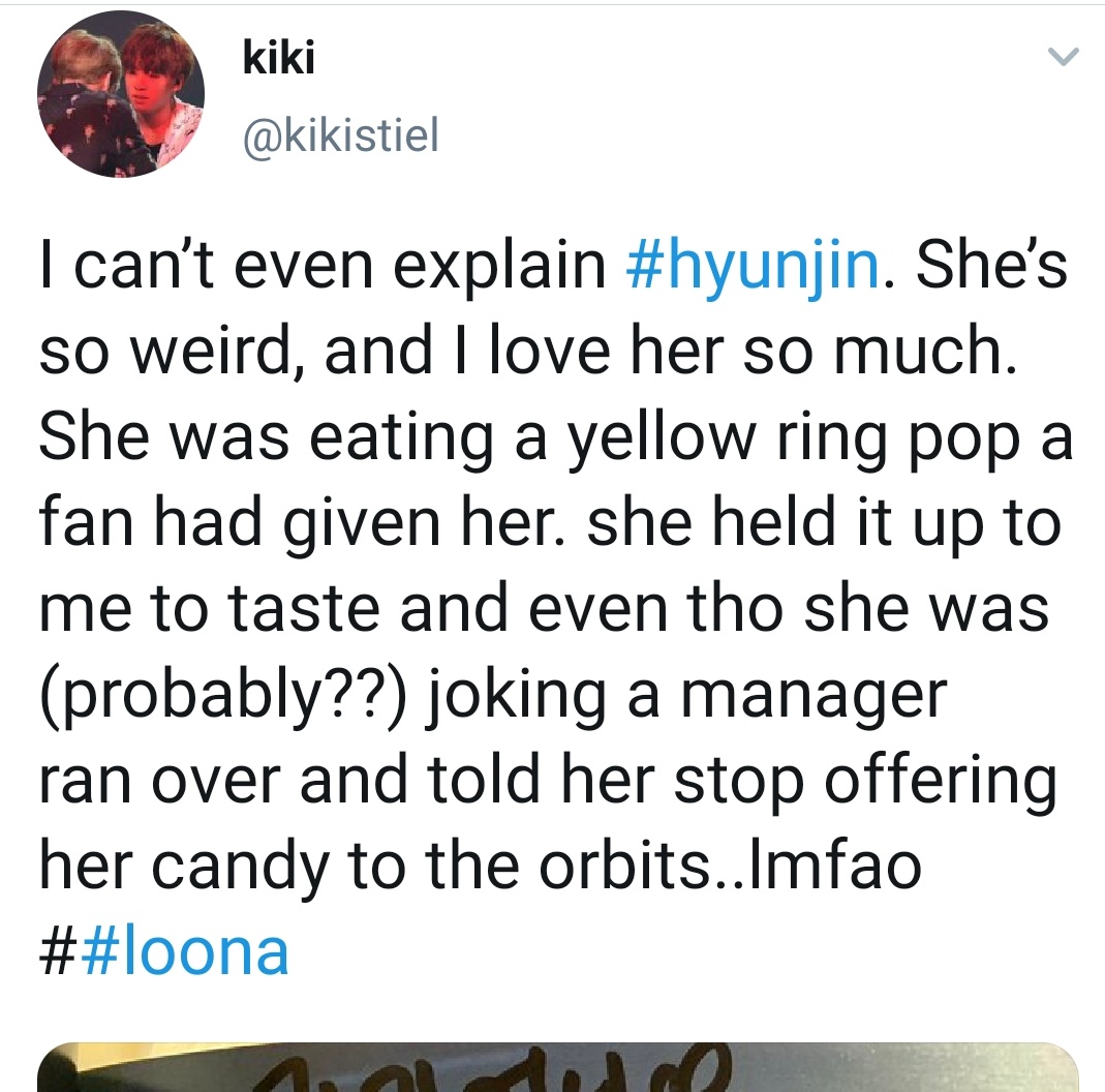In the middle of a global pandemic, Hyunjin was offering licks of her ring pop to orbits at a fansign & then got scolded by the manager. Lmao