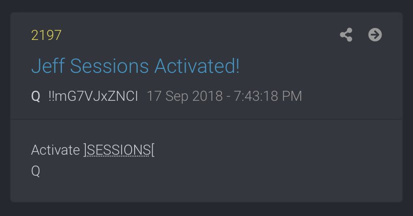9/  @jeffsessions is 1 of the most critical pieces of the entire PlanThe Silent AssassinAnd *he* just tweeted out *two* Q phrases: #TrustSessions #SessionsActivated Now he’s officially “out of the game”So The Real Games can beginThis is part of The PlanTrust The Plan