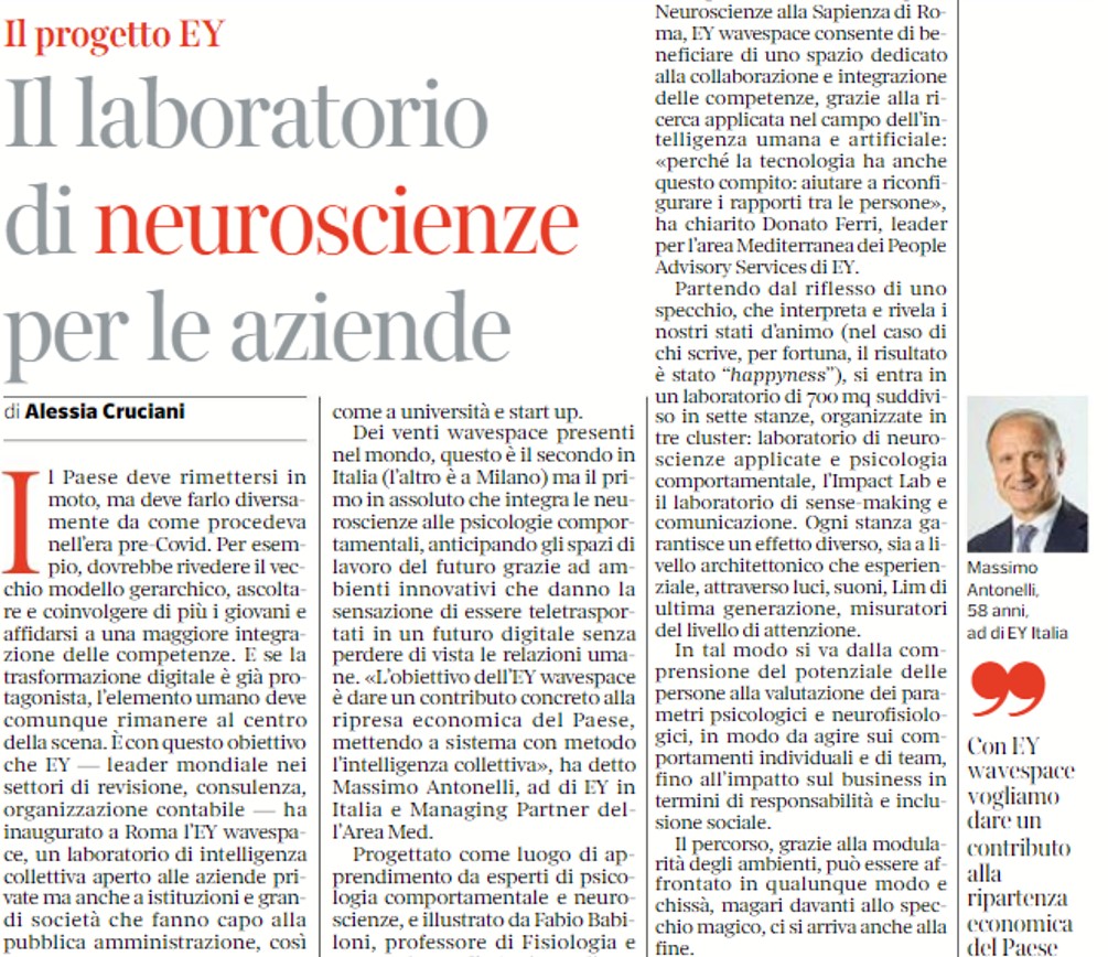 Nasce a Roma #EYwavespace, un laboratorio di intelligenza collettiva per consentire alle aziende di beneficiare di uno spazio dedicato a collaborazione e integrazione delle competenze grazie alla ricerca applicata nel campo dell’intelligenza umana e artificiale. Oggi su <a href="/Corriere/">Corriere della Sera</a>