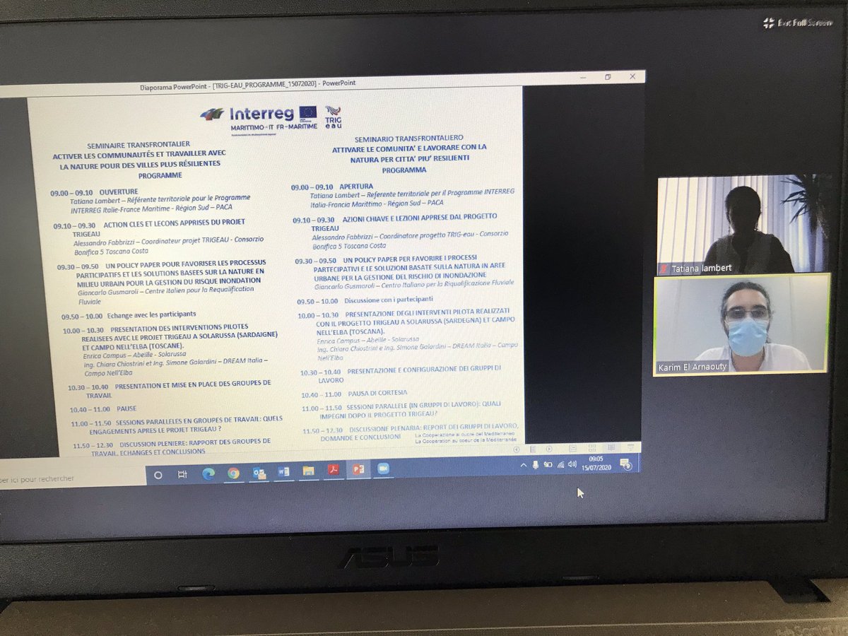 🇮🇹 Il Seminario transfrontaliero inizia con un intervento di Tatiana Lambert, Referente territoriale per il Programma <a href="/pc_maritime/">Interreg Maritime</a> e con una presentazione del <a href="/ProgettoTrigEau/">TRIG-Eau</a> da parte di Alessandro Fabbrizzi per conto di Consorzio Bonifica 5 Toscana Costa, capofila del Progetto