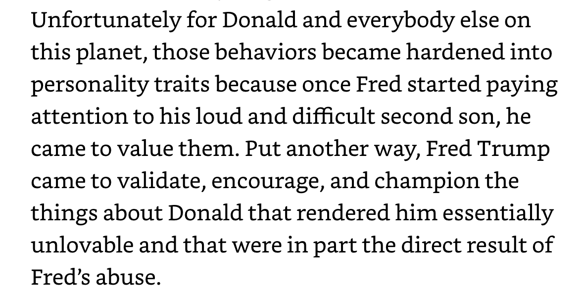 3/ Fred believed was that there can be only one winner, and everyone else is a loser. He saw kindness as a weakness and humiliated people who didn't fall in line.To cope with a sociopathic father and selfish mother, Donald developed “defenses” including hostility to others.