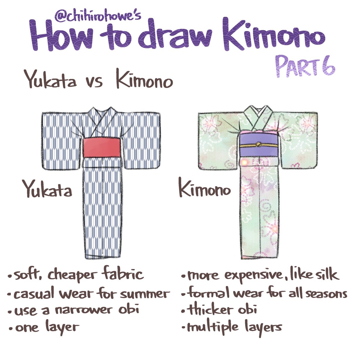  #kimono Part 6: Yukata vs KimonoYukata is casual, kimono is formal.Yukata is made as a summer wear, so the fabric is thinner and lighter. Women enjoy more western decorations for Yukata (like bows and laces)Kimono is more expensive and there are more accessories and layers.