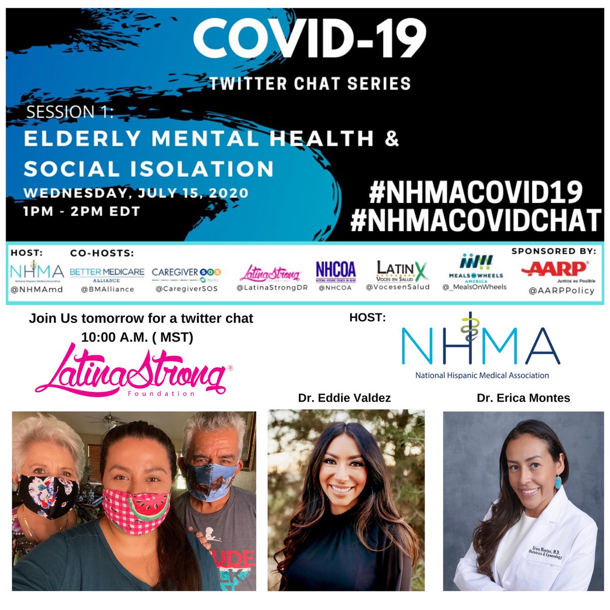 Join us tomorrow for a twitter chat sponsored by @aarp and hosted by @nhmamd ⠀
co-hosted by @vocesensalud @nhcoa @BMAlliance @CaregiverSOS @mealsonwheelsamerica ⠀
⠀
#NHMACovid19 #NHMACovidChat #CovidConversations #LatinaStrong #LatinoHealthLeaders ⠀
⠀