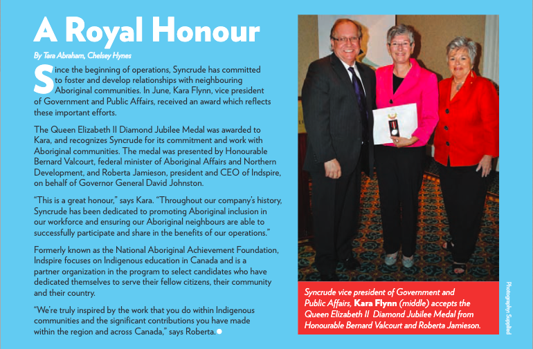 In 2013, Flynn received the QEII Diamond Jubilee Medal for "her work with Aboriginal people and communities."