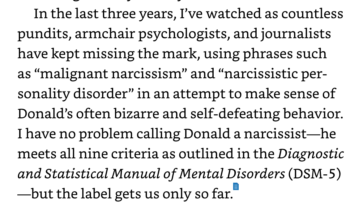 17/ Mary, who holds a PhD in clinical psychology, thinks the armchair psychologists and journalists miss the mark: While she has no problem calling Donald a malignant narcissism, she says, “the label only gets us so far.”