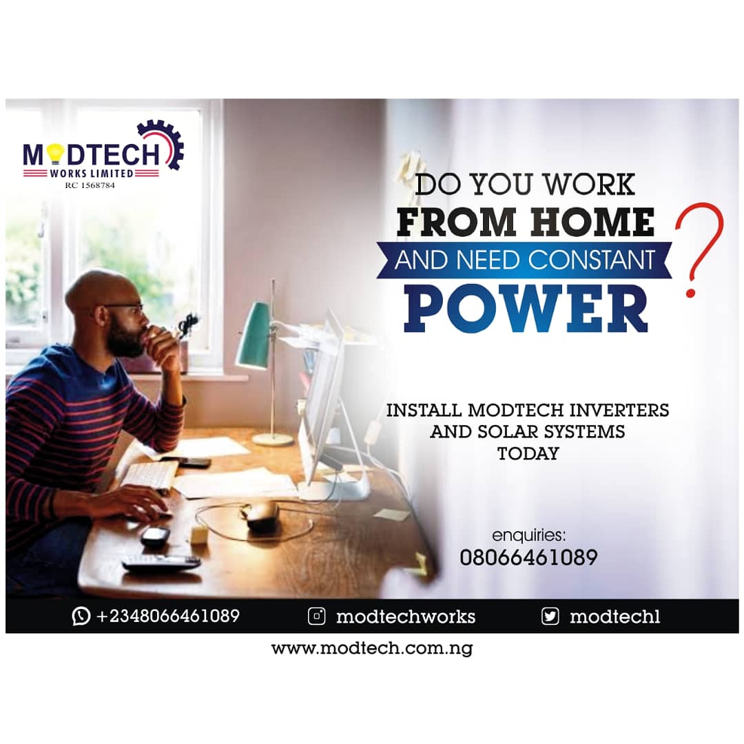modtech_l's tweet photo. In this period of social distancing, working from home has become a new-normal. 

You sure need constant electricity to be effective and efficient at the work you do.

Get in touch with us today, we provide 24/7 power supply.

Whatsapp/call - 08066461089, 08132853402.

#gosolar https://t.co/16Jy1wNC07