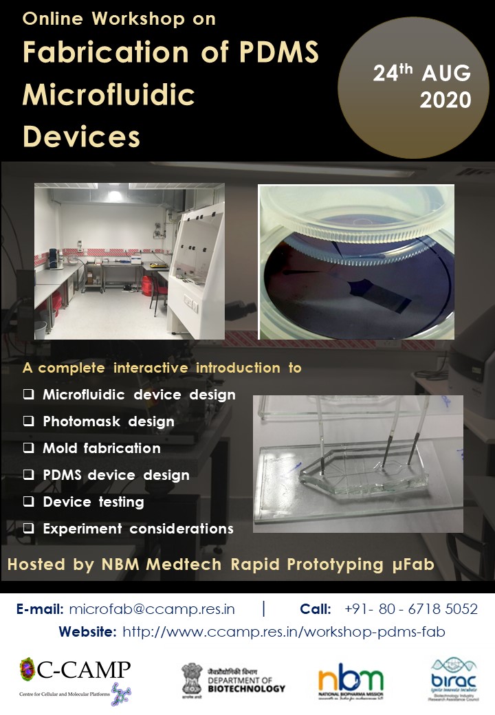CCAMP_India's tweet image. #DateChange CCAMP Rapid Prototyping facility's #Online Workshop on "Fabrication of PDMS Microfluidic Devices" 
rescheduled to Aug 24, 2020

Learn basics of Microfabrication &amp;amp; PDMS design for Microfluidics applications 
Sign up ccamp.res.in/workshop-pdms-…
#NationalBioPharmaMission