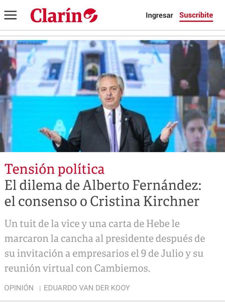 🔴Estimados operadores de <a href="/clarincom/">Clarín</a> No les parece que muestran mucho la hilacha desestabilizadora? No hay tal “dilema”: El CONSENSO de la mayoría de los argentinos y las argentinas ES <a href="/alferdez/">Alberto Fernández</a> + <a href="/CFKArgentina/">Cristina Kirchner</a> en un gran @FrenteDeTodos que construimos y votamos en diciembre 2019
