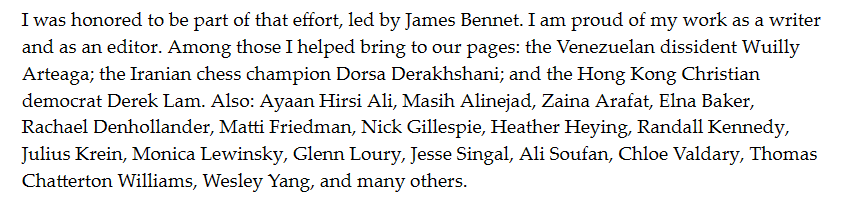 Phan_N's tweet photo. The @bariweiss resignation letter boasts people she commissioned pieces from. Conspicuously missing is Mayim Bialik, whom she commissioned to tell women to dress modestly to avoid being victims. Perhaps her most discussed commission. Why'd she leave it out? https://t.co/RZWyiVDeBA