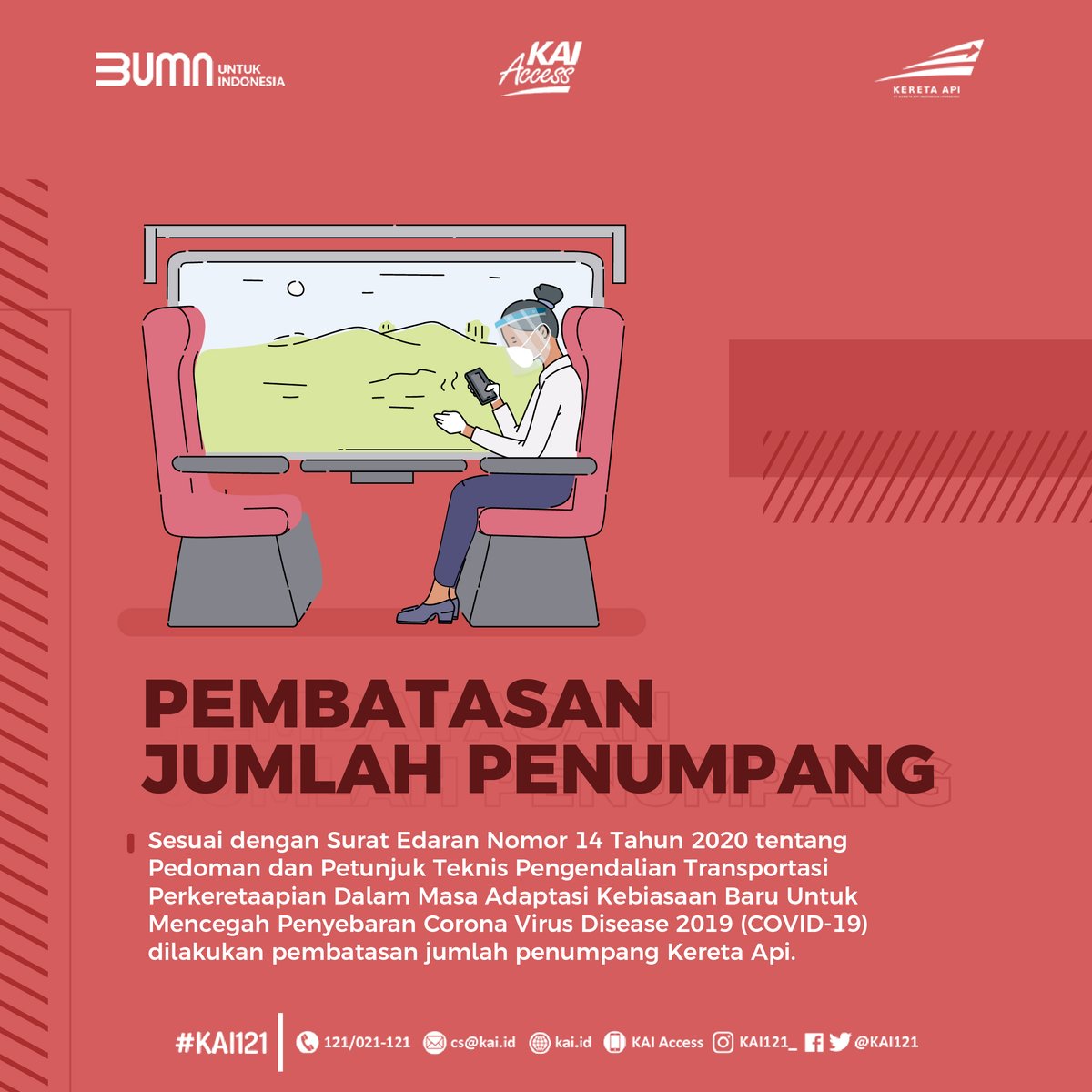 KAI121's tweet photo. Pembatasan Jumlah Penumpang Kereta Api

Semenjak mulai beroperasi di Masa Adaptasi Kebiasaan Baru, PT. KAI melakukan pembatasan kapasitas penumpangnya sesuai dengan protokol kesehatan yang telah ditetapkan. 

#KAINewNormal https://t.co/rCBEJ1GKjH