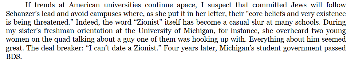 Phan_N's tweet photo. My favorite passage in free-speech advocate Bari Weiss’s book is when she says that she heard from someone who overheard someone say they wouldn’t date a Zionist—and that that was a slippery slope to genocide. https://t.co/KKM54v57zN