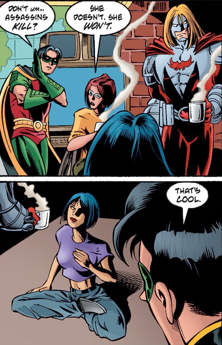 Rather instantly Tim is quite unnerved and spooked at Cass (compared to Babs and Jean-Paul) that the newest Batgirl was raised to be an assassin. You can tell there's hesitation via Tim here, but this doesn't really get expanded on until near the end of the NML event.