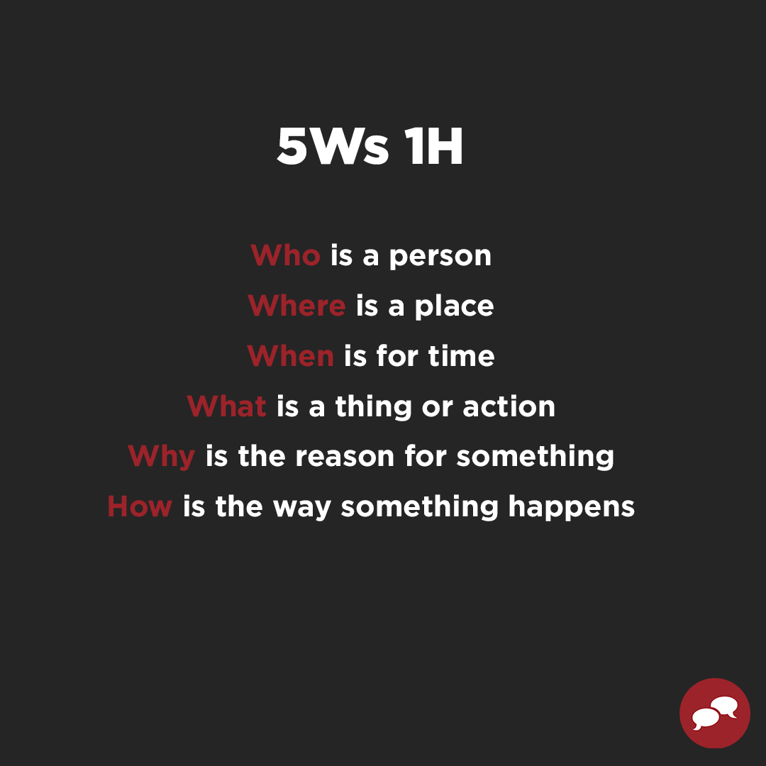 EnglishCentral1's tweet photo. When writing in English, the 5Ws and 1H are very important. Using these to formulate questions while reading stories and information help improve students' comprehension.
#EnglishCentral #LearnEnglish #QuestionWords https://t.co/rNAa7VXqRP
