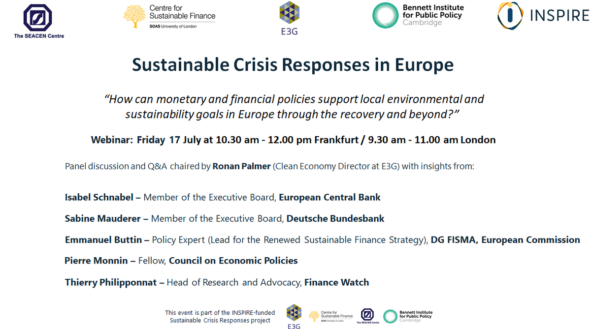 Join our @SusCriRes event this Friday with @ecb Board Member @Isabel_Schnabel, @bundesbank Board Member Sabine Mauderer, @EU_Finance's Emmanuel Buttin, @CEPweb's @Pierre_Monnin, @forfinancewatch's Thierry Philipponat & @ronan_wifi.

Details+registration: soas.ac.uk/centre-for-sus…