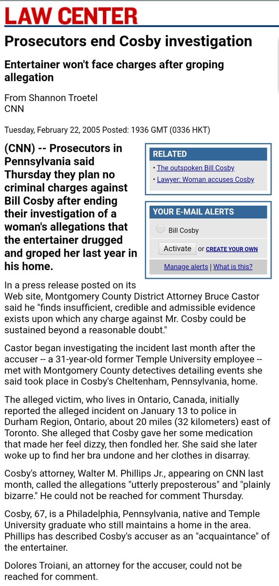 8.January 2005Former Temple University employee Andrea Costand files a police report accusing Cosby of drugging her and comitting sexual assault.Costand later files a civil suit citing 12 other anonymous accusers.