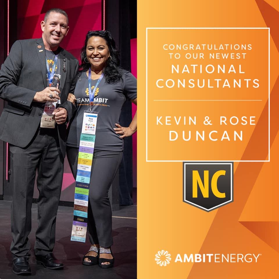 getonambit's tweet photo. Ambit Energy National Consultants Kevin &amp; Rose Duncan! This power couple wants you to experience their award winning service. They have received several Ambit Energy Awards but they are most proud of their huge network of happy customers &amp; thriving consultants around the world! https://t.co/mwx0Q2tGW1