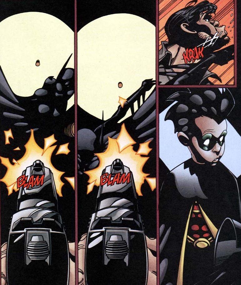 It isn't long in their little venture before Tim's freaked out again by Cass's move set. Yes Tim, she can dodge bullets. Practice harder man.