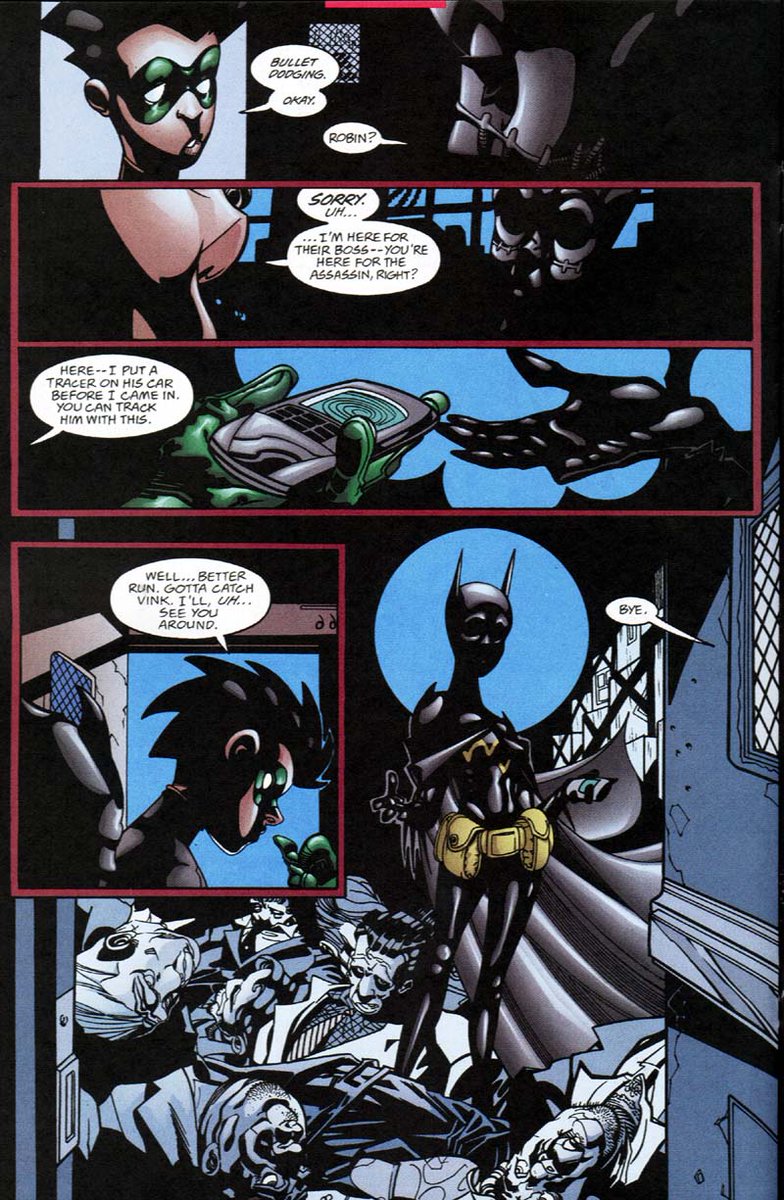 Again Tim is of very quick words as he gets the heck out of dodge leaving Cass all, "da hell?" Thankfully, the case they're both on leads to the both of them accidentally running into one another.