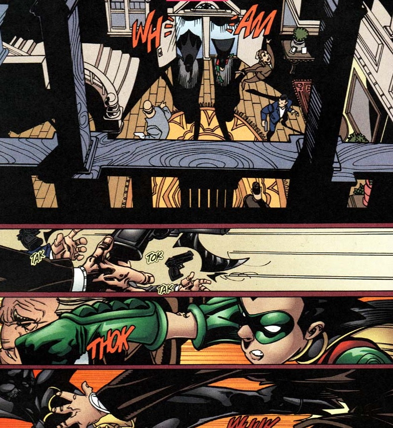 You just gotta love these little glimpses of the chemistry the two have when working together as both tackle the thugs with quite ease and the moment an innocent life, Tim drops the uneasy he has with Cass, and the two are one. Somewhere Bruce is smiling.