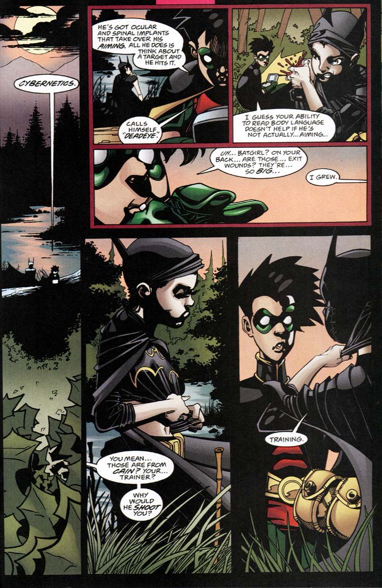 And now we get an alternative take with Tim with his back turned as Cass addresses her wounds. But Tim turns to peek and for the first time as a reader we're told of the various scars Cass has across her back she got due to "training".