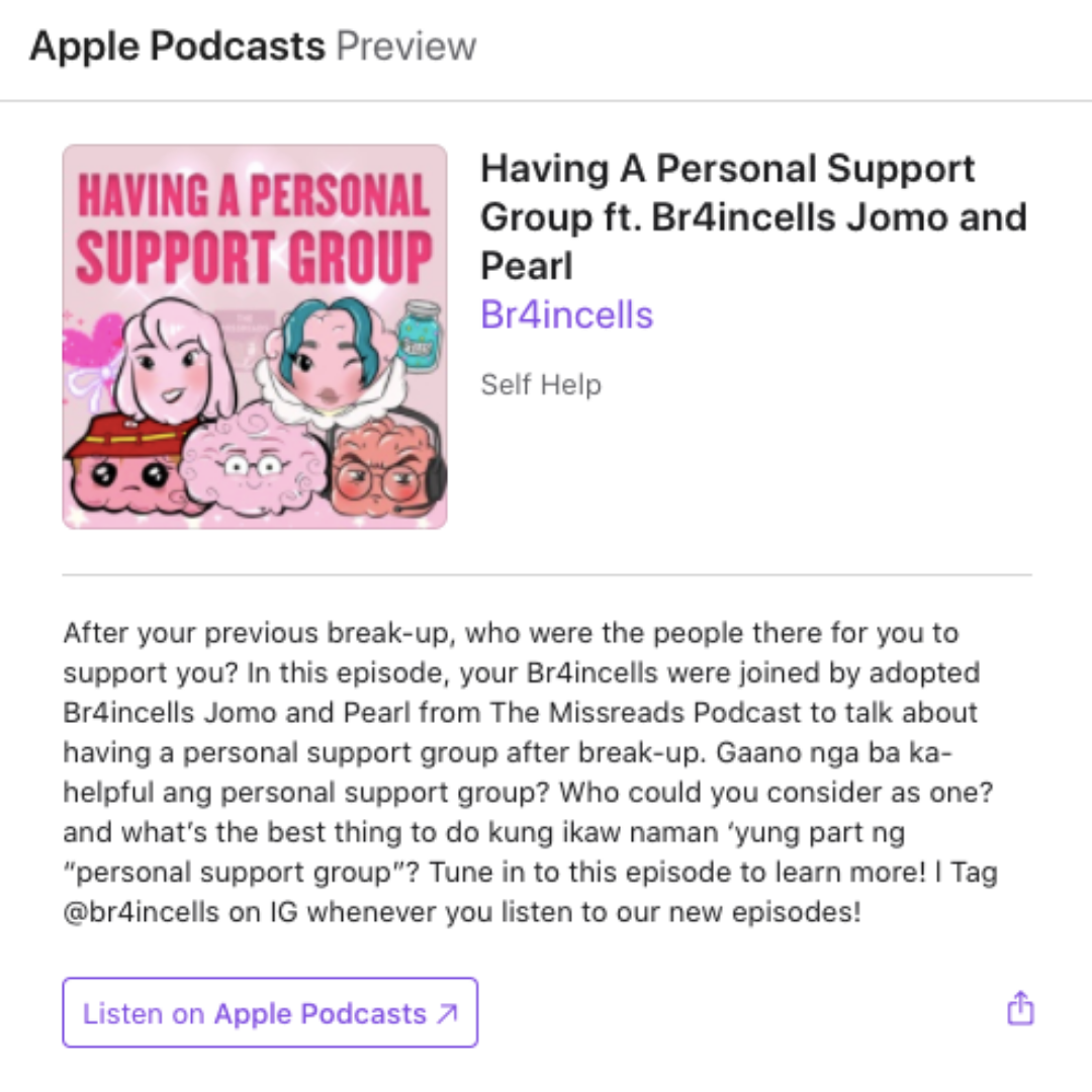 br4incells's tweet photo. GOOD MORNING! 🌞
In case you missed our 3rd Series’ 3rd Episode on having a personal support group after break-up, you may LISTEN to it NOW on Apple Podcast!
🧠 https://t.co/cjsJ7qwva5
#StayBrainy #PodcastersPH #PhilippinePodcastDirectory #AdoptBr4incells https://t.co/RviiPc5kGs