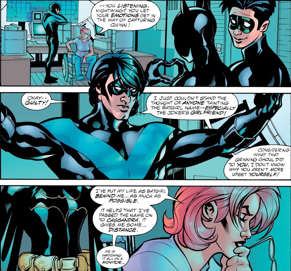 But it can only work so much as Cass does get the upper hand eventually. Still, it does lead to this sweet little moment between the two watching Dick/Babs.