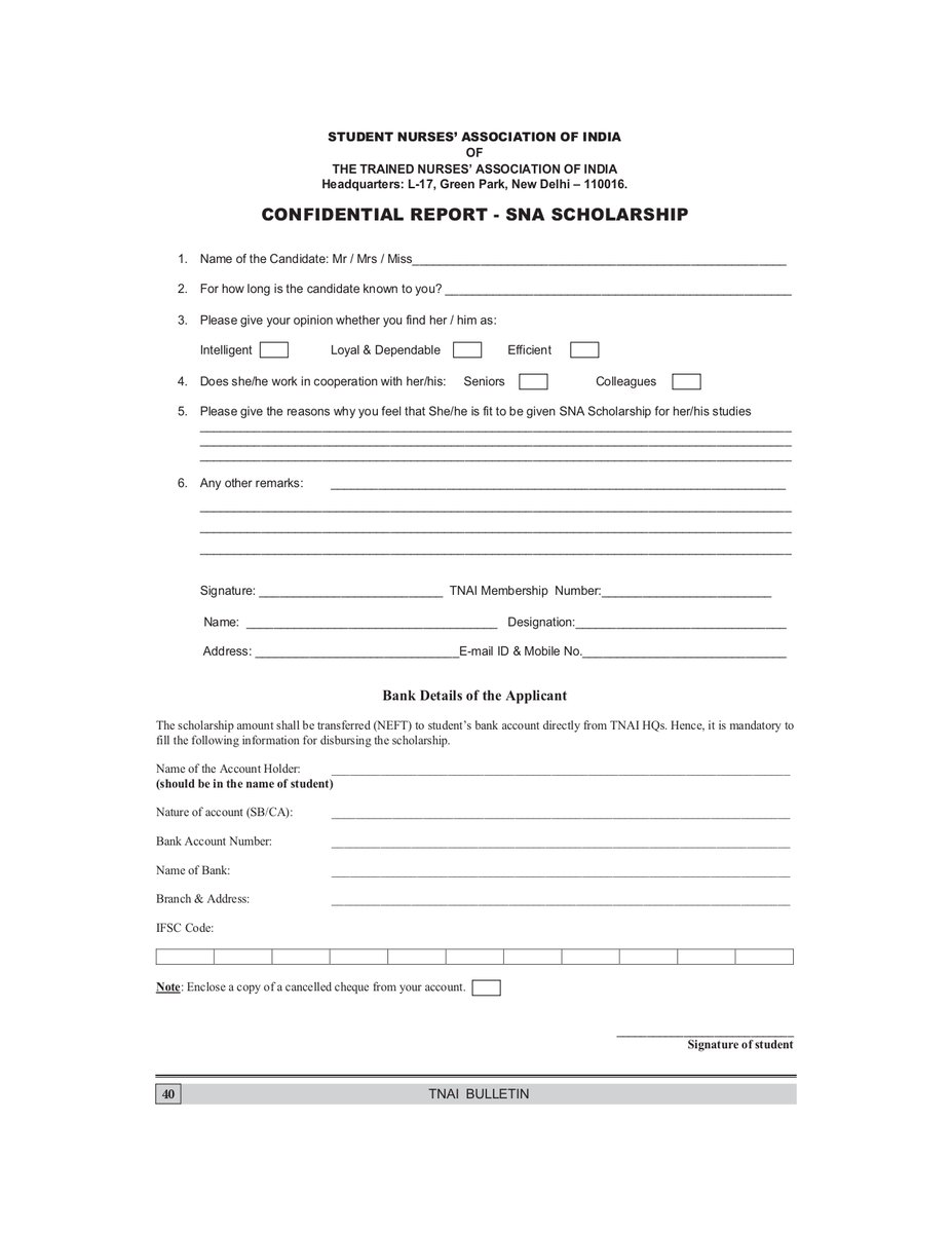 The Trained Nurses' Association of India (TNAI) (@tnainationalhq) on Twitter photo SNA Scholarships
The last date of receiving the SNA Scholarship application has been extended upto August 31, 2020
For more details, contact: sna@tnaionline.org SNA Scholarships
The last date of receiving the SNA Scholarship application has been extended upto August 31, 2020
For more details, contact: sna@tnaionline.org