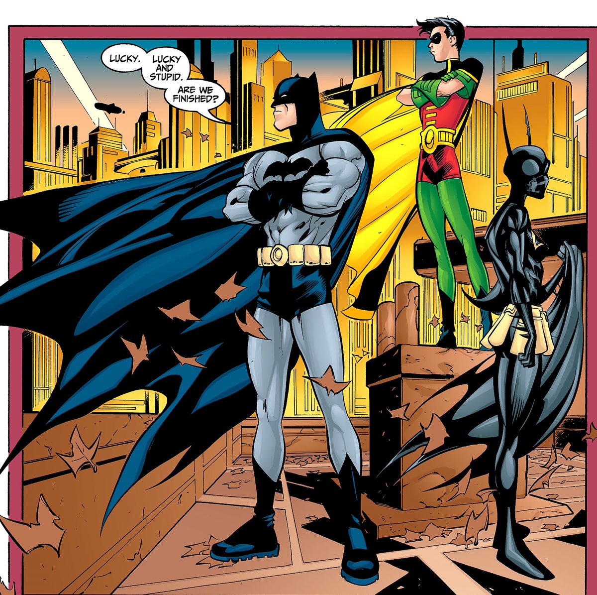 Like literally, the three of them just banter so well. I'm kind of surprised DC didn't turn this into a thing cause damn do they work well all three. Also Tim you are such a dork trying to pull a Batman here.