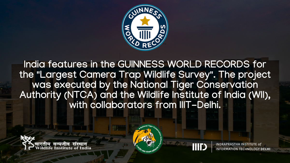 IIITDelhi's tweet photo. @ntca_india &amp; @wiiofficial1 have featured in the Guinness World Records (@GWR) for the largest camera trap wildlife survey. We at #IIITDelhi are proud to have played our part in this important endeavour towards #tigerconservation.

Read- https://t.co/Sx0XWBF7Ym

#wildlife #Tigers https://t.co/SIwOcrBwy3