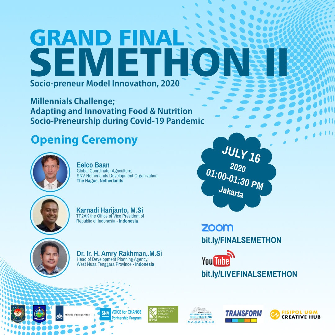 📢GRAND FINAL 
Socio-entrepreneur Model Innovathon II (Semethon II) and Food &amp; Nutrition Socio-Entrepreneurship INTERNATIONAL WEBINAR.

#FNS #V4CP #ketahananPangandanGizi #stunting
<a href="/SNVIndonesia/">SNV Indonesia</a> <a href="/MVoice_ID/">Millennials Voice</a> @chubfisipol