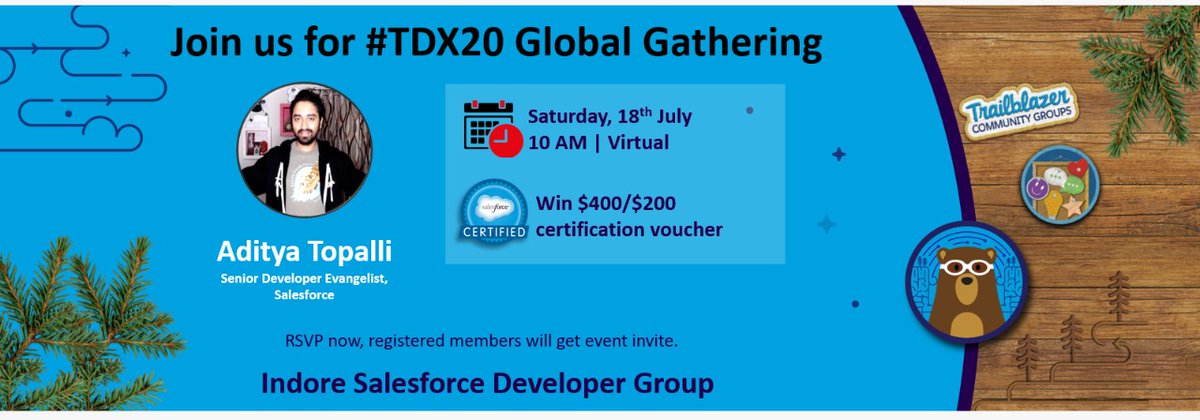 Join us for awesome updates from #TDX20. @adityanaag will 'show and tell' new cool stuff for @SalesforceDevs  and @SalesforceArchs. 
RSVP now and receive the invite to join #TDX20 Global Gathering as well as chance to win a $400/$200 certification voucher.
trailblazercommunitygroups.com/events/details…