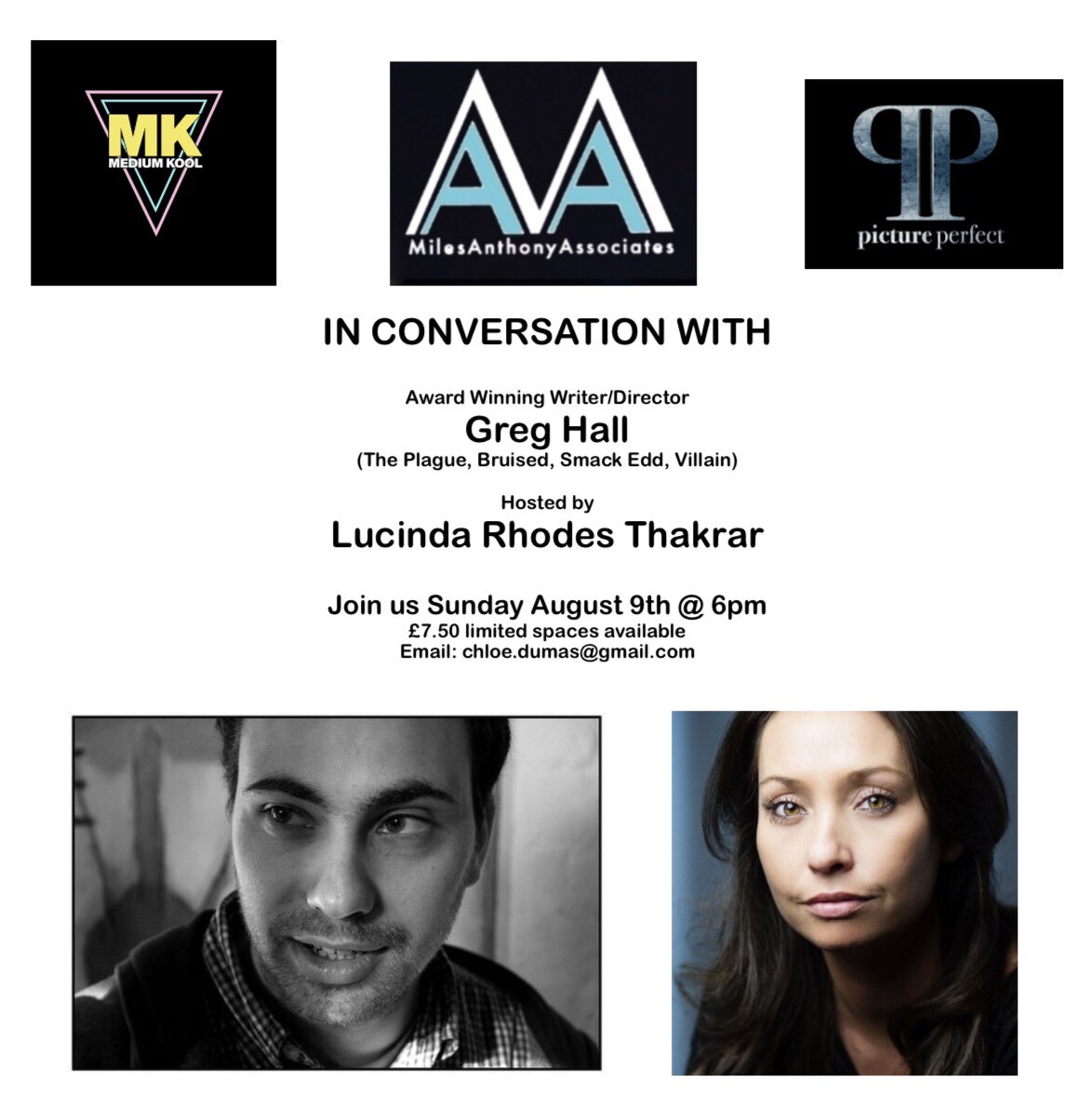Morning all! Don’t miss my Webinar with the amazing Writer/ Director <a href="/DirGregHall/">Greg Hall</a> Sunday August 9th. We will be talking all things indie film and answering your questions. <a href="/PICPERFLTD/">Picture Perfect Ltd</a> @MAA_Agency <a href="/ChloeDumasAct/">Chloé Dumas</a>