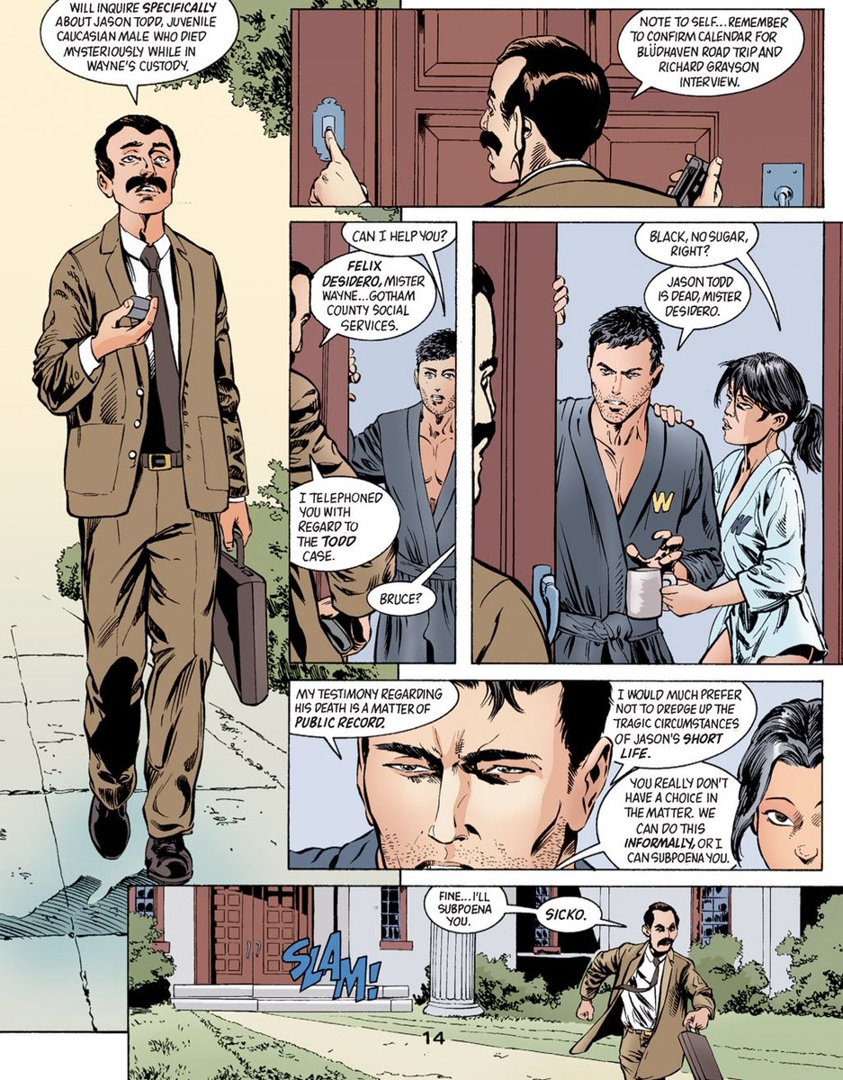 I'm gonna assume that these next portions take place around this time period as well in Gotham Knights #42-50 all over the place. Aka the infamous issue where a social worker finds Bruce, Tim, and Cass like this. Um yeah...