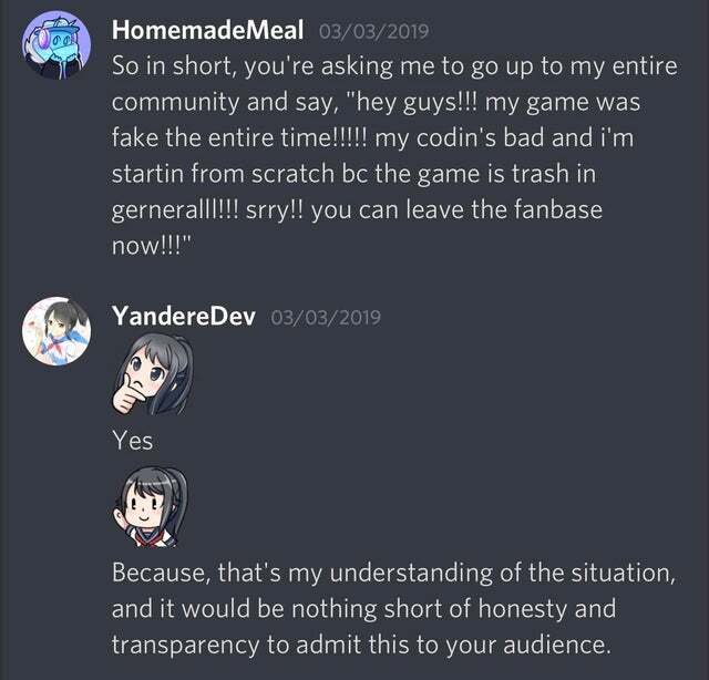 Alex telling EpicMealDev (Dev behind Watashi No Mono) its their fault people attack him and his shitty game and all around being horrible and trying to gaslight them into making a bullshit statement to their audience  #RIPYandereDev  #YandereDev  #YandereSimulator