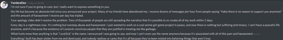 Alex guilt tripping and trying to manipulate/sob story DrApeis out of working on Lovesick, I believe was the same convo he suicide baited  #YandereDev  #RIPYandereDev  #YandereSimulator