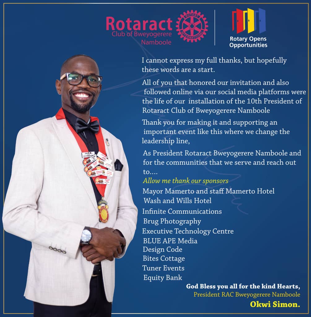 Destadia's tweet photo. We thank you for the tramandous support rendered towards the success of our 10th president Simon Okwi @SimonOkwi1 that took place on 11th July. We look forward to working together with other Rotary and Rotaract clubs in order to open more opportunities. 

#GenOkwi
#DestadiaFriday https://t.co/wrbv3r3nNV