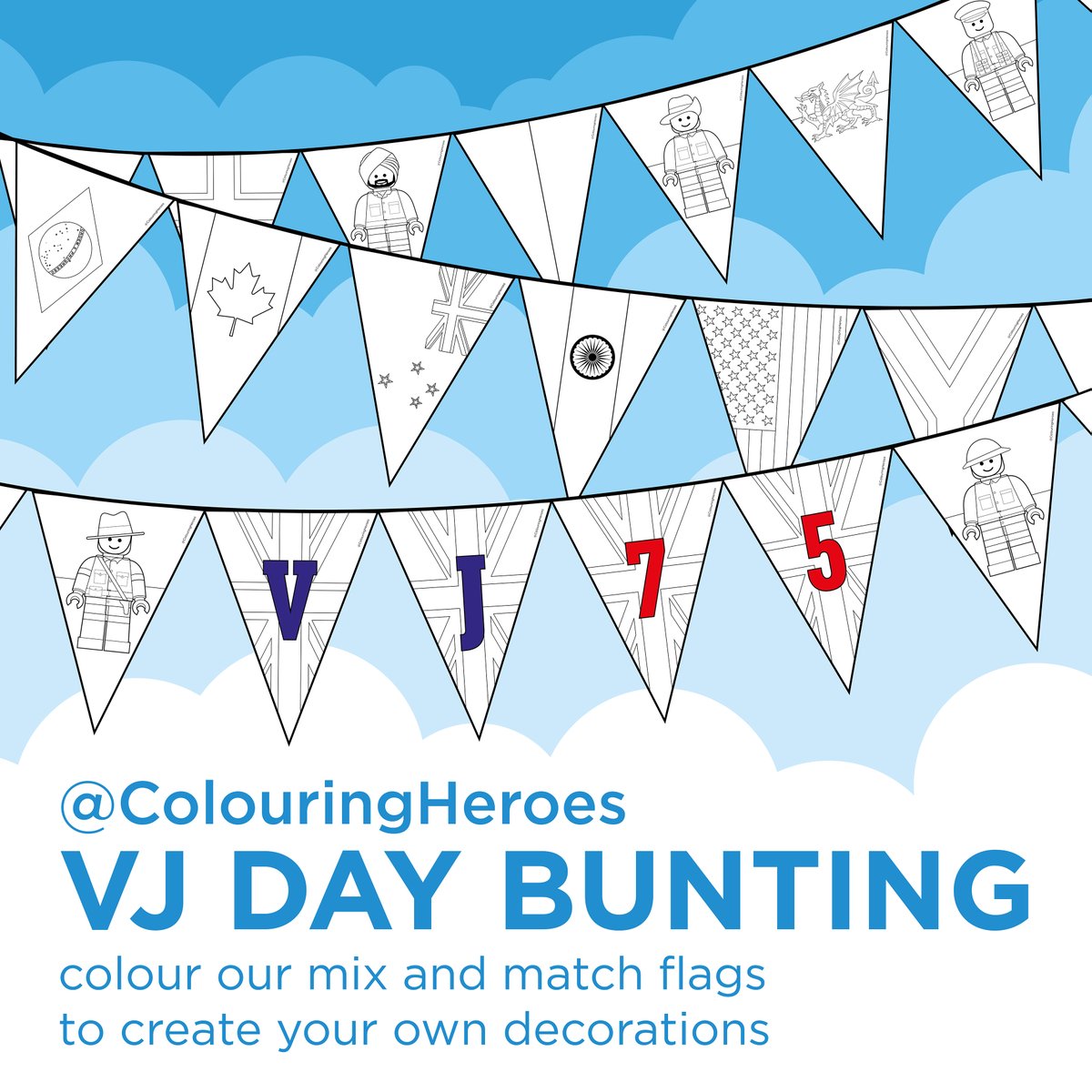 🌈 #VJDay - 15th August 2020 🌈

One month to go until the #VJDay75 celebrations so plenty of time to create your homemade #bunting.

Create your own display from 80 different #flag designs, download from:
colouringheroes.com/flag-bunting

#colouring #international #unionflag #ww2heroes
