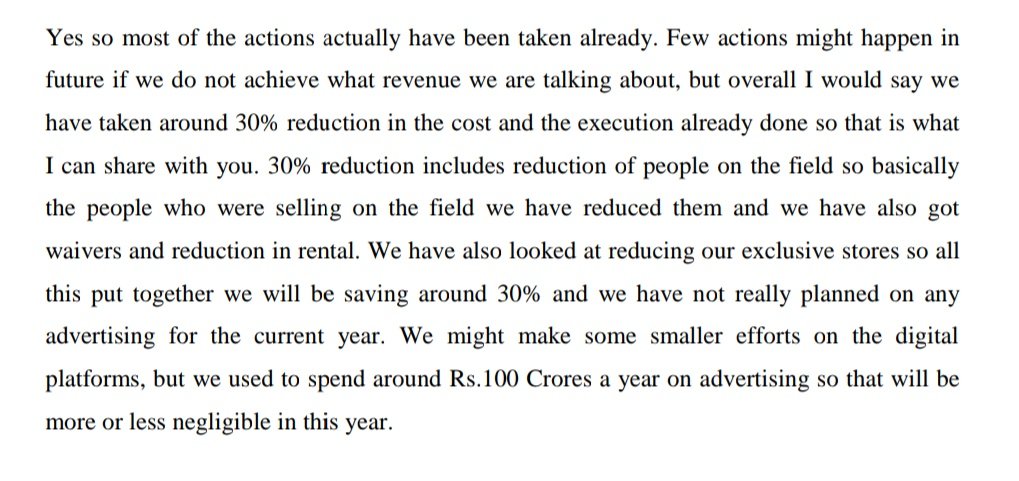 Business is suffering from a pain, so they have reduced their expenditure upto 30%. Reduced salaries + employees + adv + stores. Etc(Plus you may see increase of debt on balance sheet.)2/11